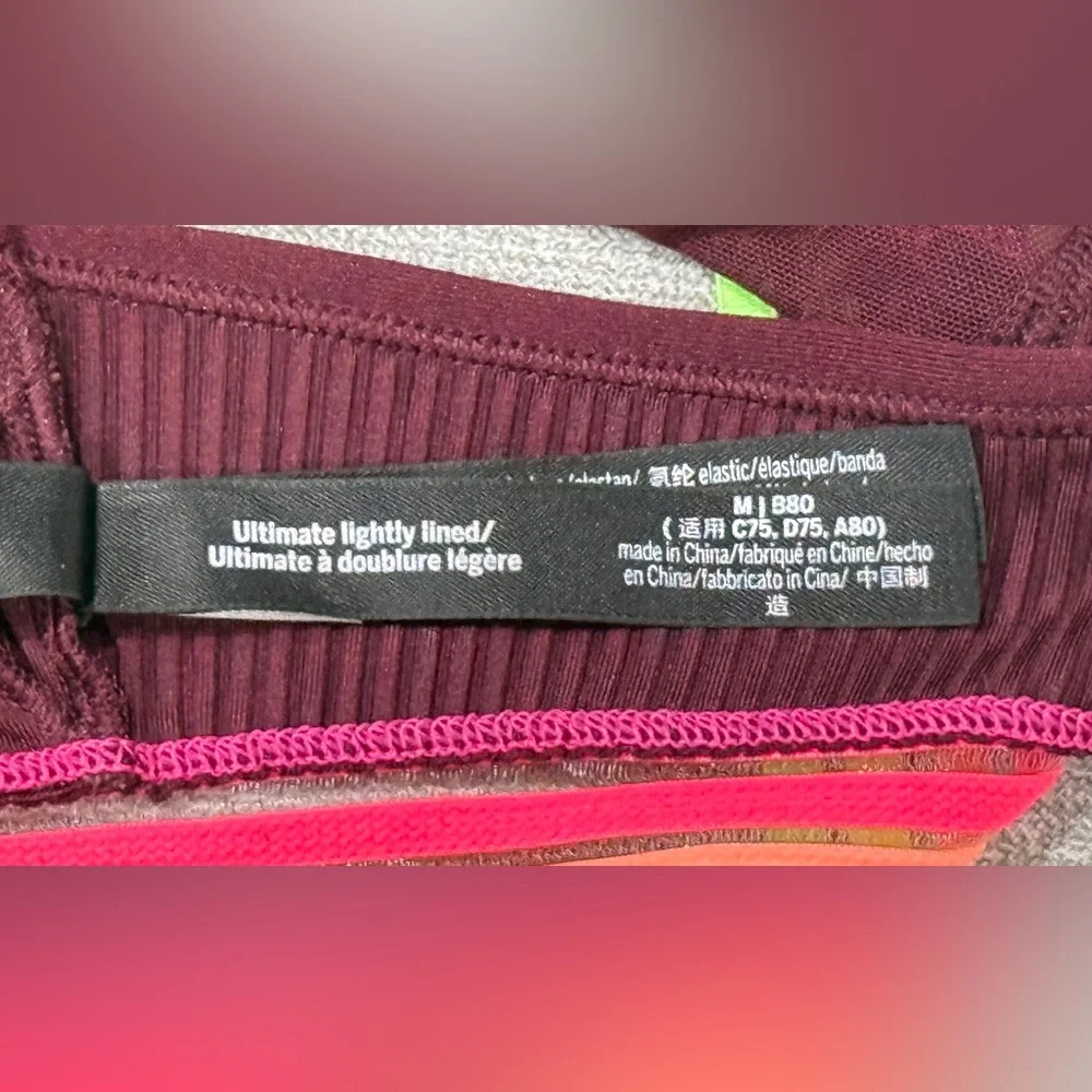 Pink Sport Ultimate Lightly Lined Ribbed Burgundy Neon Band Sports Bra Size M‎